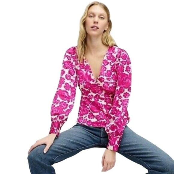 J. Crew Tops - New! J.Crew Size 0 Pink Floral V-Neck Top Blouse